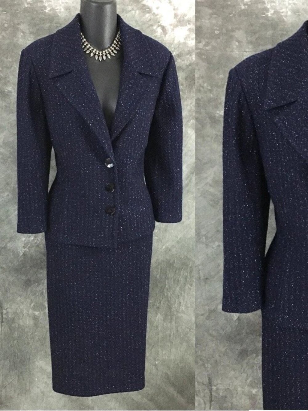 BEAUTIFUL st john knit blue shimmer jacket skirt suit size 10 12